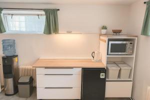 a small kitchen with a microwave and a refrigerator at Ubytování na faře in Prague