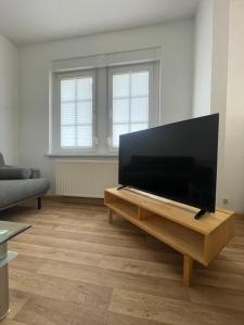 a living room with a flat screen tv on a wooden table at Entire house with garden - exclusively for your group in Leipzig