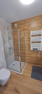 a bathroom with a shower with a toilet and a shower at Garden Baltic II in Trzęsacz +20 photos