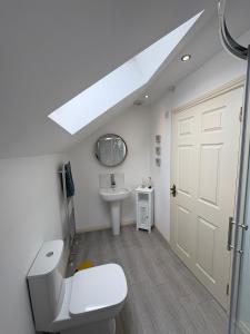 a bathroom with a toilet and a sink and a skylight at Modern Country Loft, Ballymena in Teeshan
