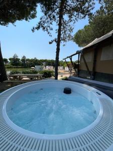 a jacuzzi tub in a backyard with a tree at Villaggio La Pescaccia in San Clemente