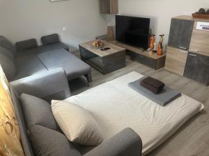 een woonkamer met een bank en een televisie bij JennyHouse in Drama