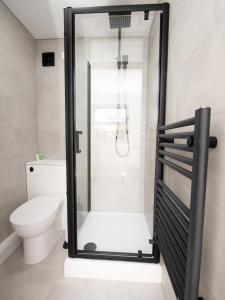 una ducha en un baño con inodoro en Beautiful townhouse in Cardiff Bay, en Cardiff