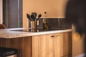 a kitchen with a counter with a counter top at Tiny House Hellendoorn in Haarle +41 photos