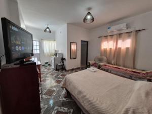 a living room with a flat screen tv and a bed at Casa y Departamentos Valle del Bermejo in Villa Unión