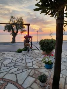 a stone patio with potted plants and a sunset at Γοργονα in Milina