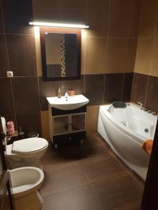 a bathroom with a toilet and a tub and a sink at Pensiunea Ruxandra la 100 m de Aqua Park Venus in Baile Unu Mai +65 photos