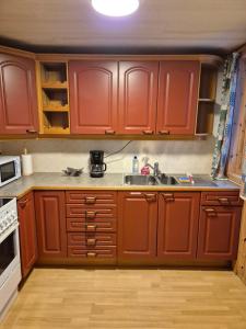 eine Küche mit Holzschränken und einer Spüle in der Unterkunft The Blue house apartment in Andøya