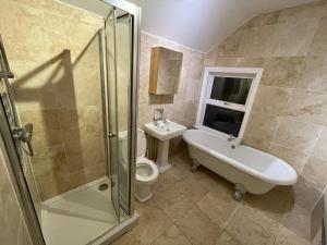 a bathroom with a sink and a toilet and a shower at 4 Double Bedroom House with Private Garden and Own Entrance in Henwick