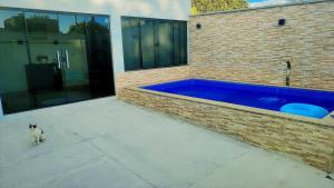 a cat sitting in front of a swimming pool at Conforto e Lazer! Casa com Piscina e 3 Quartos in Palmas