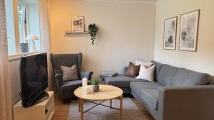 a living room with a couch and a tv at Romslig leilighet med 2 soverom - GRATIS PARKERING in Tromsø