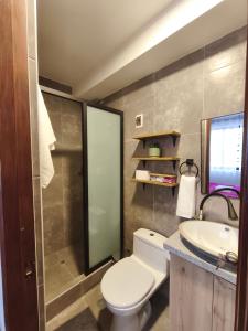 a bathroom with a toilet and a sink at La Casita De Colores Cusco in Cusco