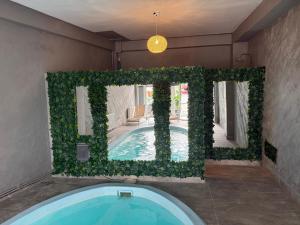 a swimming pool with ivy on the wall and a window at Casa Rania in Sibiu