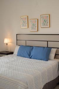 a bedroom with a large bed with blue pillows at House in San Miguel, Res. San Andres in San Miguel