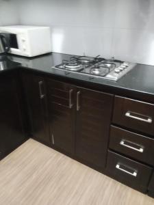 a kitchen counter with a stove and a microwave at Glenfalls Residencies in Nuwara Eliya