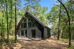 a black cabin in the woods with a large window at LostForest Cabins in Richards