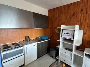 une cuisine avec une cuisinière et un évier dans l'établissement Appartement 2 pièces vue montagne, proche pistes et lac - FR-1-814-64, à Besse-et-Saint-Anastaise 10 autres photos