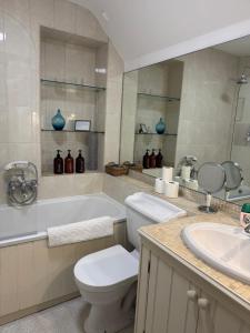 a bathroom with a toilet and a tub and a sink at Cosy Cottage Overlooking Malmesbury Abbey in Malmesbury