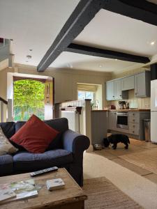 a living room with a couch and a dog in a kitchen at Cosy Cottage Overlooking Malmesbury Abbey in Malmesbury