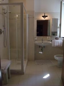 a bathroom with a shower and a sink at Hotel Miralago in San Zeno di Montagna