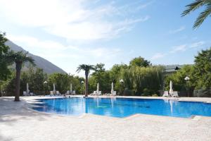 una grande piscina con sedie e palme di Wellmore Resort a Yusufkhona