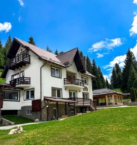 a large house on a hill with a green lawn at Pensiunea Poienita Ursului in Fundata