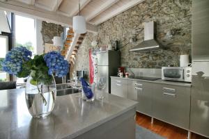 uma cozinha com um vaso de flores azuis num balcão em Villas San Roque Isla em Isla