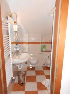 La salle de bains est pourvue d'un lavabo et de 2 toilettes. dans l'établissement Hotel Relais Grünwald, à Cavalese