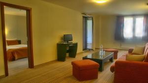 Zimmer mit einem Wohnzimmer mit einem Bett und einem TV in der Unterkunft Spa Hotel Planinata in Ribarica