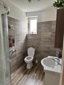 a bathroom with a toilet and a sink at Platinum Guesthouse in Szeged
