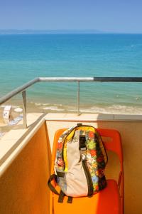帕莫瑞的住宿－Beach Apartment MELINA，坐在椅子上的袋子,放在俯瞰大海的阳台