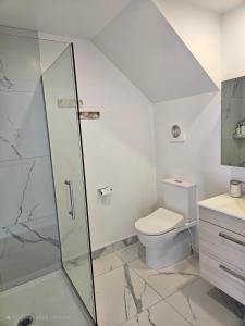 un baño con ducha y WC en Beachside Townhouse, en Christchurch