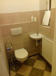 łazienka z toaletą i umywalką w obiekcie Lemon Tree Hostel w Krakowie