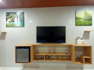 a entertainment center with a television on a wall at Panglao Kalikasan Resort in Panglao