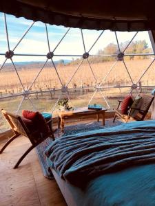 ein Zelt mit Bett und Stühlen und Blick auf ein Feld in der Unterkunft Incredible Dome Getaway on a Vineyard Perfect for Glamping, Tasmania in Sidmouth