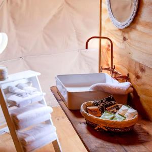 ein Bad mit einem Waschbecken und einem Korb mit Handtüchern in der Unterkunft Incredible Dome Getaway on a Vineyard Perfect for Glamping, Tasmania in Sidmouth