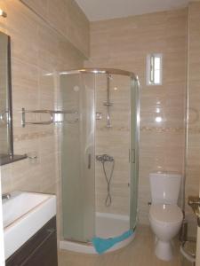 a bathroom with a shower with a toilet and a sink at Paradisos House in Skiathos Town