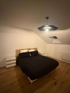 a bedroom with a black bed and a light at Au coeur du chaos in Huelgoat
