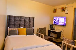 a bedroom with a bed and a flat screen tv at Marvel Homes-Kivaa,Studio in Mavuria