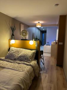 a bedroom with a bed with two lights on it at L'Écrin Bohème - Jacuzzi & Sauna - Amiens in Amiens