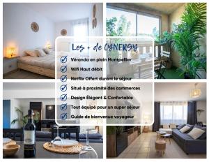 a collage of photos of a living room and a bedroom at Centre - Clim - Parking - Esplanade de l'Europe in Montpellier