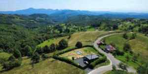 an aerial view of a house on a hill with a road at ATETA Tiny House in Dealu Mare