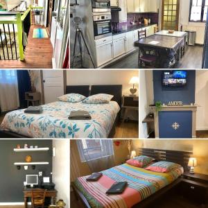 un collage di foto di una cucina e di una camera da letto di Logements Un Coin de Bigorre - La Tournayaise - Canal plus, Netflix, Bein, Apple TV - Wifi Fibre a Tournay