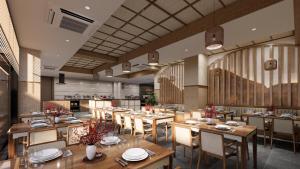 a rendering of a restaurant with tables and chairs at Hotel Mystic Mountain, Pokhara in Pokhara