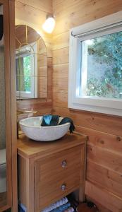 baño con lavabo de piedra en una pared de madera en Tiny-Pool-Lake, en Viviers-du-Lac