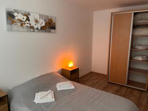 a bedroom with a bed and a lamp on a table at Brasov 35 Classic in Braşov