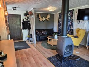 a living room with a wood stove in it at Idre in Idre