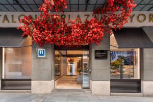 a store front with red flowers hanging from it at Catalonia Plaza Mayor Salamanca in Salamanca