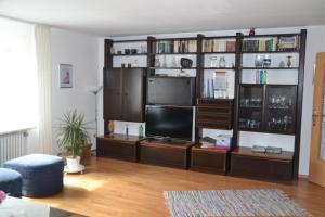 a living room with a television and a book shelf at Ferienwohnung Seebauer in Ramspau