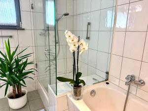 a bathroom with a bath tub with a glass shower backdoor at Traumferienwohnung zwischen Köln und Düsseldorf in Leichlingen +24 photos